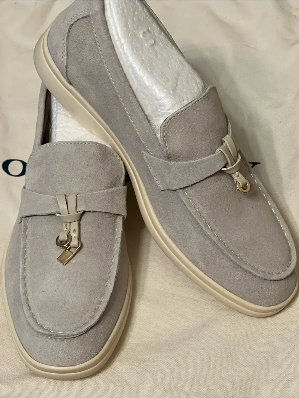 Suede Slip-On Loafers in Light Gray with Gold Accent